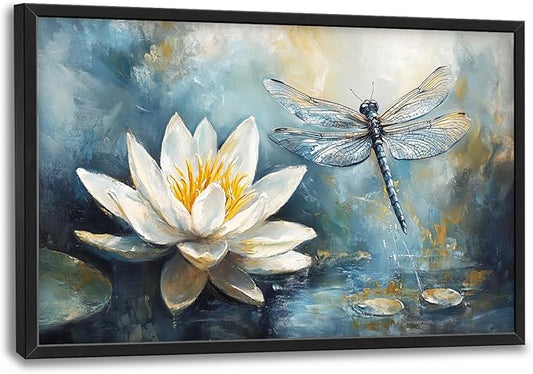 Extra Large Lotus Dragonfly Framed Wall Art for Living Room,Abstract Blue Lotus Flower Lake Pictures Wall Decor,Nature Canvas Print Painting Modern Artwork Bedroom Office Bathroom 36L" x 24W"-PurrikoPets