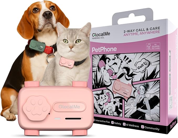 GlocalMe PetPhone for Dog and Cat, Support Play Music and Two-Way Call, Pet Community and AI Health Alerts, Real Time Tracking and Virtual Fence, Unlimited Range Pet GPS Tracker (Pink)-PurrikoPets