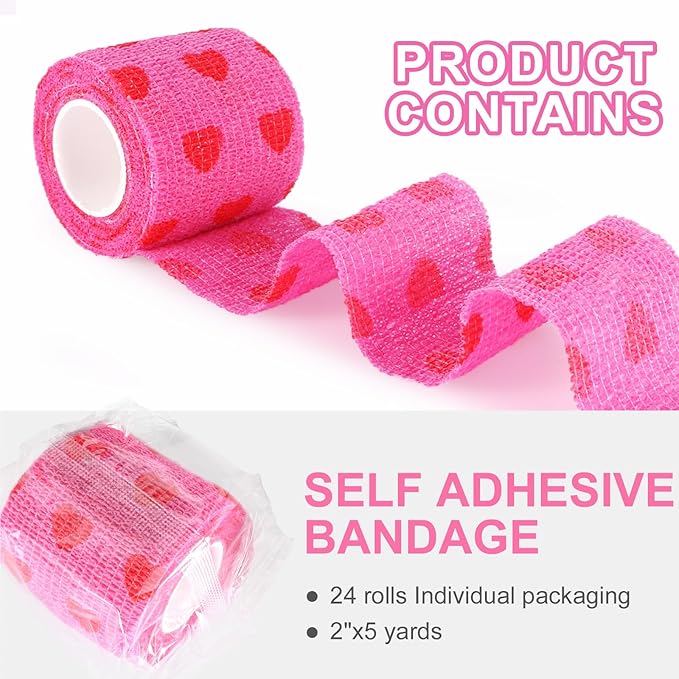 24 Pack Self Adhesive Vet Wrap & Medical Tape, 2 Inch x 5 Yards Cohesive Bandage Wrap - Pink Heart Grip Tape for Ankle, Wrist Sprains, Sports, Pet First Aid-PurrikoPets