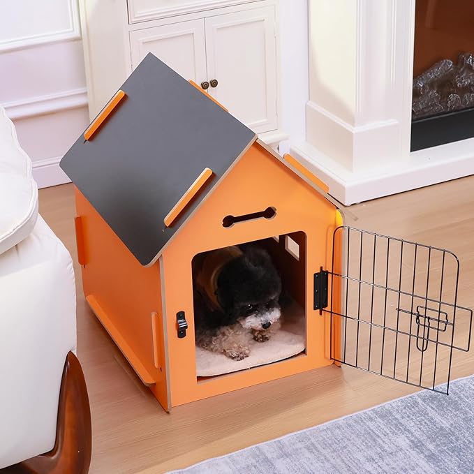 Dog House Indoor for Small Dogs or Cats, Cozy Wooden Design, Small Indoor Bed House, with Air Vents and Elevated Floor Warm Dog Cave (Orange)-PurrikoPets
