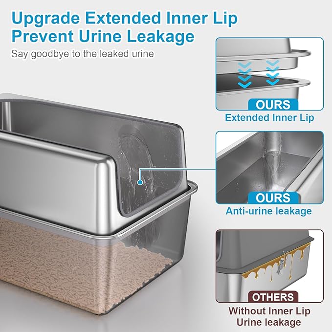 14'' High Sides XXL All Stainless Steel Cat Litter Box with Lid,XL Deep Metal Litter Box for Big Cats,Extra Large Litter Boxes with High Wall Enclosure,Anti-Leakage,Never Absorbs Odors,Non-Sticky-PurrikoPets