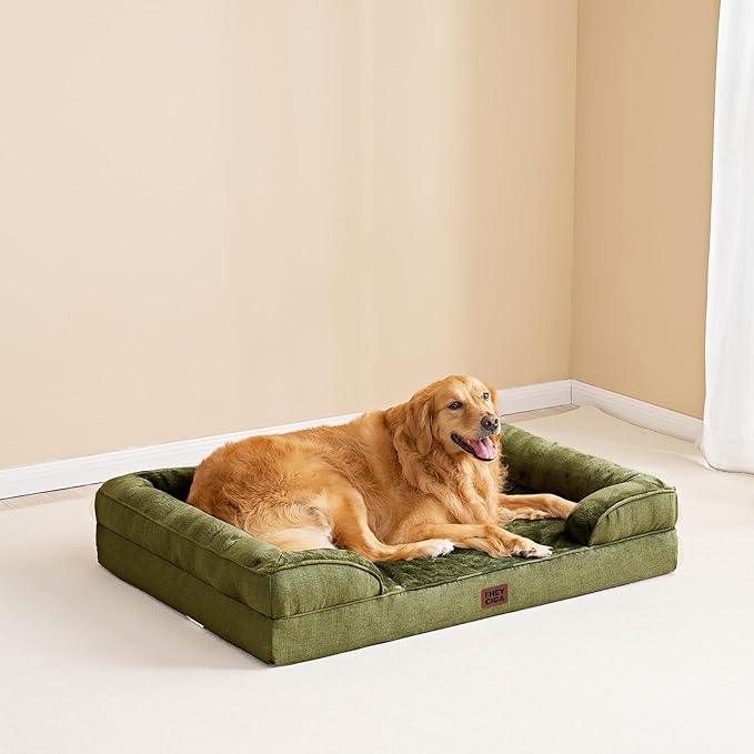 EHEYCIGA Orthopedic XXL Dog Bed for Extra Large Dogs, Waterproof Memory Foam Couch Bed with Sides, Non-Slip Bottom, Washable Removable Cover,Olive Green-PurrikoPets