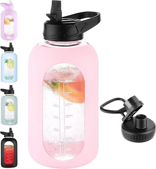 64 oz Glass Water Bottle With Straw and Handle, Half Gallon Sports Motivational Water Jug Flask with Silicone Sleeve, Large Water Cup with Time Marker for Travel, Gym, Blush-PurrikoPets