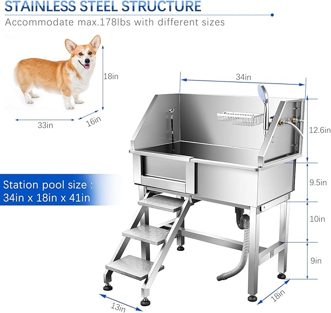 34'' Dog Washing Station for Small Dogs Grooming Tub Bathing Station Professional Pet Wash Station Bathtub for Home with Sliding Door, Faucet, Steps-PurrikoPets