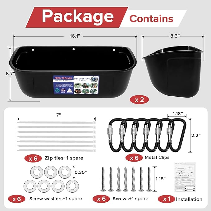 Goovilla Large Feed Trough, Hanging or Screw-in Fence Feeder with Clips, 2 Pack 9 Quart Goat Feeder Supplies, Dog Horse Hog Pig Livestock Poultry Plastic Feeder Trough Bucket for Large Animal, Black-PurrikoPets