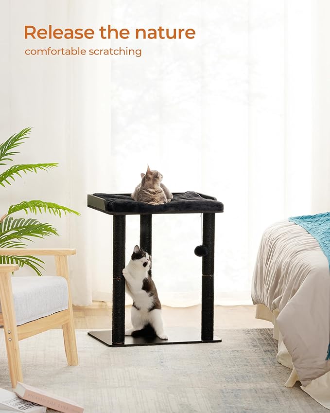FourFurPets 26.7in Cat Tree Tower Condo, Cat Scratch Posts for Indoor Cats, Big Plate, Three 23.6in Full Sisal Scratching Posts, Black-PurrikoPets