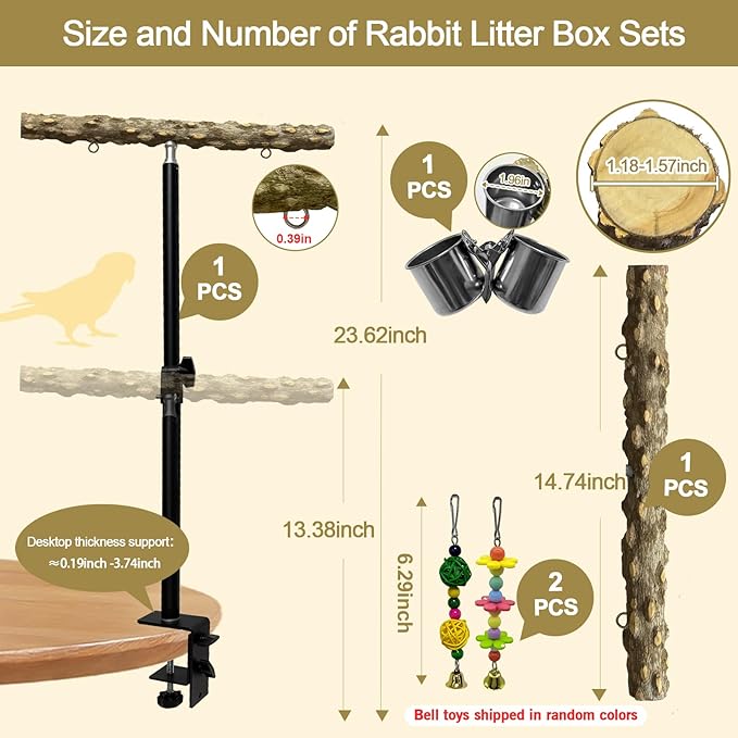 18-27 Inch Height Adjustable Bird Perch Pepper Wood Desktop Bird Training Perch Stand with Feeding Cups and Swing Toy Parakeet Perches Indoor and Outdoor Parrot Stand for Small to Medium Birds-PurrikoPets