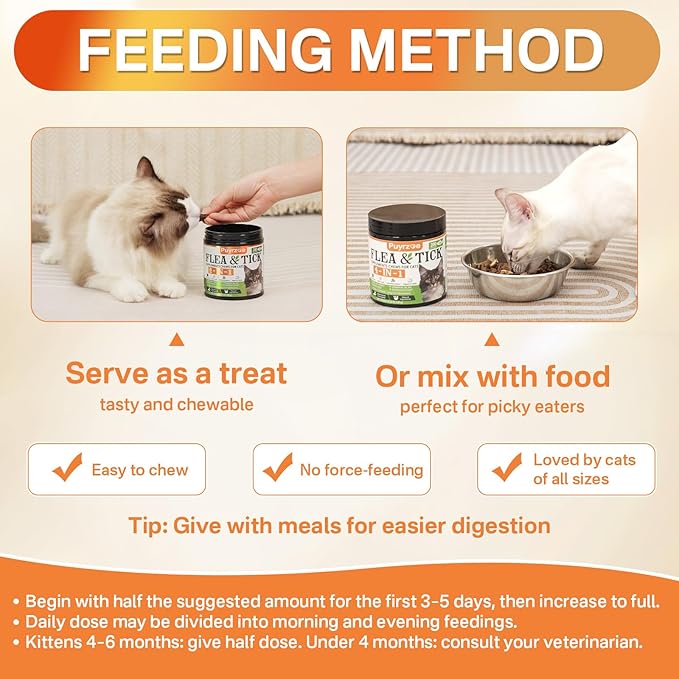 4-in-1 Flea Treatment for Cats Chewable, Natural Cat Flea and Tick Prevention Chewable Supplement for Skin & Coat | Immunity Support | Digestive | Flea & Tick Treatment for All Breeds & Sizes-PurrikoPets