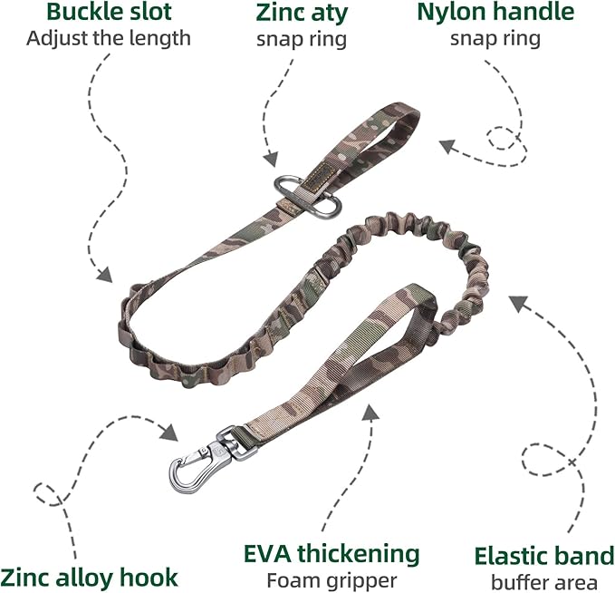 EXCELLENT ELITE SPANKER Bungee Dog Leash Tactical Nylon Adjustable Tactical No Pull Leads Rope for Dogs Quick Release Military Rope with 2 Control Handle (MCP)-PurrikoPets