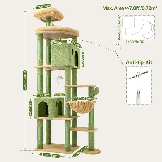 Globlazer Cactus Giant Cat Tree, 83 inch Cat Tree for Indoor Cats Large Adult, XXL Cat Tower with 9 Scratching Posts for 20lb+ Heavy Duty Large Adult Cats, F83, Green-PurrikoPets
