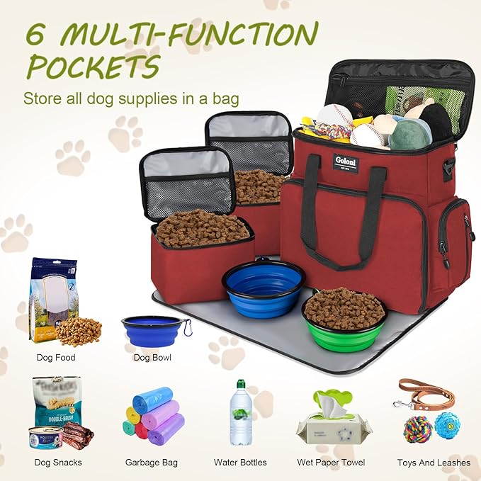 Dog Travel Bag Airline Approved–Pet Travel Tote with Collapsible Bowls,Food Containers & Feeding Mat–Multi-Pocket Organizer for Dogs & Cats, Durable & Water-Resistant for Hiking,Trips,Outdoors-PurrikoPets