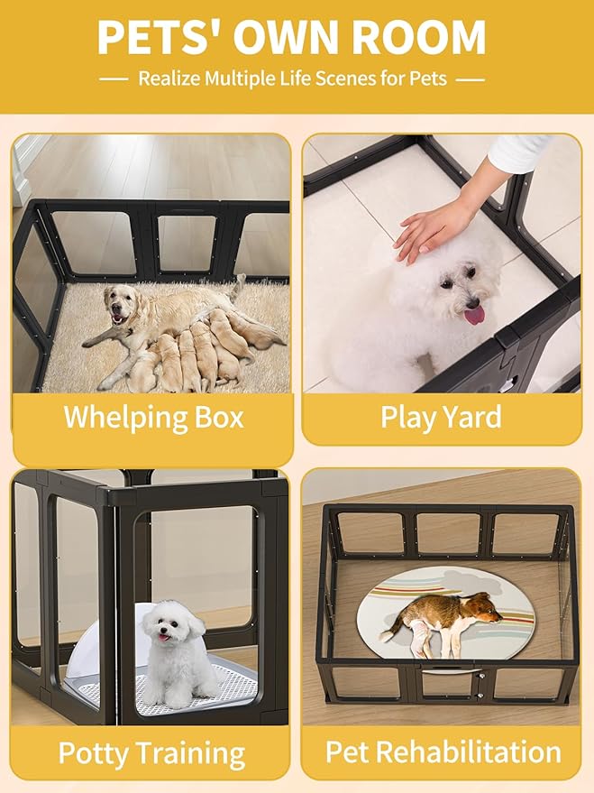 Dog Playpen, Clear Acrylic Plastic Puppy Playpen Indoor, Pet Pen for Puppy Cat Bunny, Transparent Easy Assemble Foldable Whelping Box for Dogs, Puppy Playpen with Gate (23.6" Height, 10PCS)-PurrikoPets
