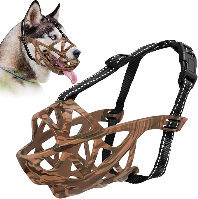 Dog Muzzle for Large Dogs, Breathable Basket Muzzles for Small, Medium and X-Large Aggressive Dog, Allows Panting Drinking, Suitable for Grooming Trimming Training (Camouflage Brown, S)-PurrikoPets