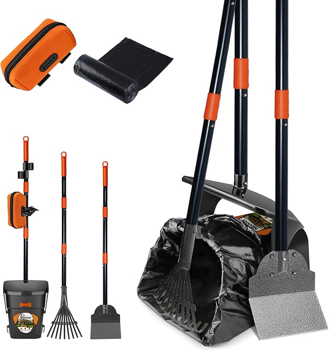 Dog Pooper Scooper with Bags & Dispenser - 37.4" Long Durable Metal Handle Swivel Bin & Rake & Spade Kit, Large Capacity Portable Pooper Scooper for Yards，Easy to Assemble-PurrikoPets