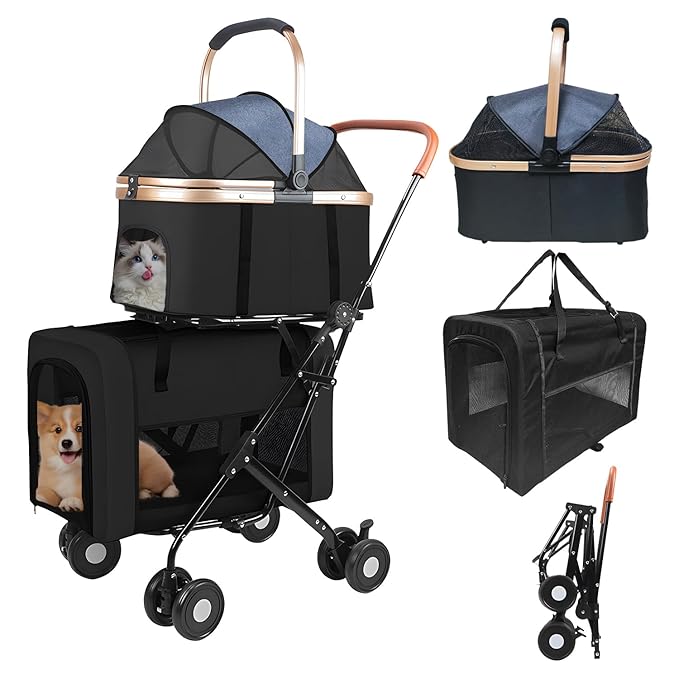 Double Pet Stroller for 2 Dogs or Cats, Folding Dog Stroller with 2 Detachable Carrier Bags, Safety Belt, 4 Lockable Wheels, Separate Compartments, for Multi-Pet Homes (Black)-PurrikoPets