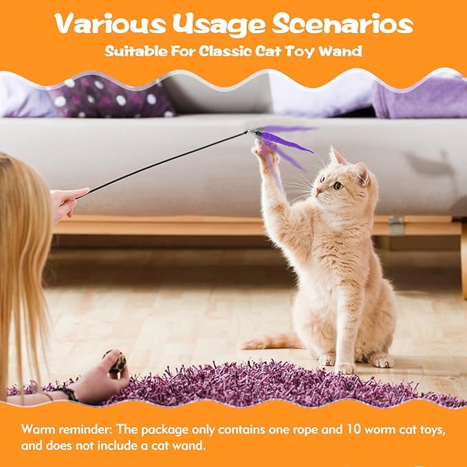 10PCS Cat Worm Toy, Cat Wand Attachment Fuzzy Worm Toys Refill with 1PCS Black String for Wand Replacement, Interactive Cats Kittens Toys for Indoor-PurrikoPets