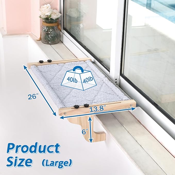 Easy Seat Cat Perch for Window Sill - Hammock Design w/Pine Wood & Robust Metal Frame - Cat Window Seat for Large Cats and Kittens (Natural Color Wood w/Gray Bed, Large (26''W x 14''D))-PurrikoPets