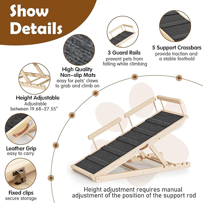Dog Ramp for Couch, Bed or Car, Wooden 55" Long Pet Stairs for Small & Large Old Dogs & Cats, Hold up to 250lb, 6 Adjustable Height from 19.68" to 27.55" Portable Doggie Steps, Excellent Traction-PurrikoPets