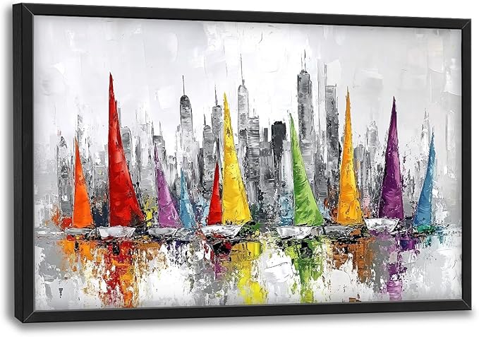 Framed Large Sailboat Wall Art for Living Room, Oversized Abstract City Wall Decor Colorful Sailboat Canvas Painting Pictures Modern Artwork for Living Room Bedroom Office Dinging Room 36"x24"-PurrikoPets