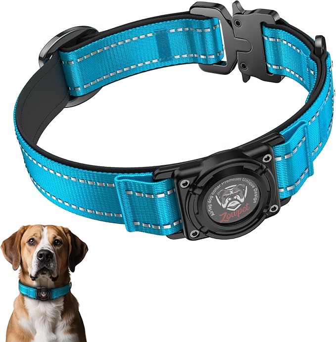 2025 Upgrade Airtag Dog Collar, Reflective Dog Collar with Airtag Holder, IP68 Waterproof| Metal Buckle| Ultra-Durable| Comfortable Padded, GPS Dog Collars for Medium Large Dogs (Blue,M)-PurrikoPets