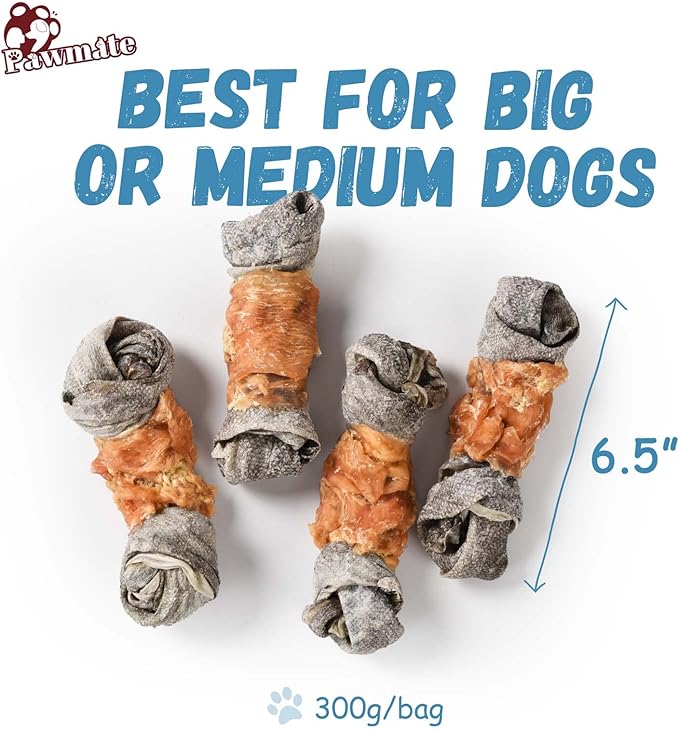 Dog Treats Chicken Wrapped Cod Skin Knotted Bones-6.5", All-Natural Healthy Fish Skin Dog Chew Treats, Rich in Omega-3 Protein, 4 Counts, 10.6 OZ-PurrikoPets