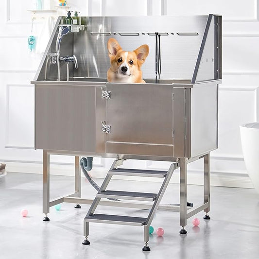 Albott 50 Inch Stainless Steel Dog Washing Station with Non-Slip Steps, Sprayer, Faucet, Soap Box – Professional Pet Bathtub for Small and Medium Pets, Use at Home, Garage, or Grooming (Right Door)-PurrikoPets
