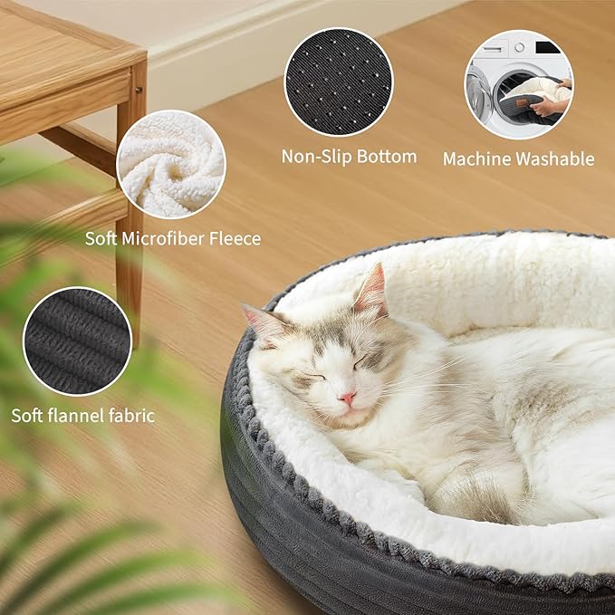 20in Washable Cat Beds for Indoor Cats - Round Donut Pet Bed for Cats, Small Dogs, Puppy, Kitten - Anti-Slip Bottom, Calming Bed Gift - Dark Grey-PurrikoPets