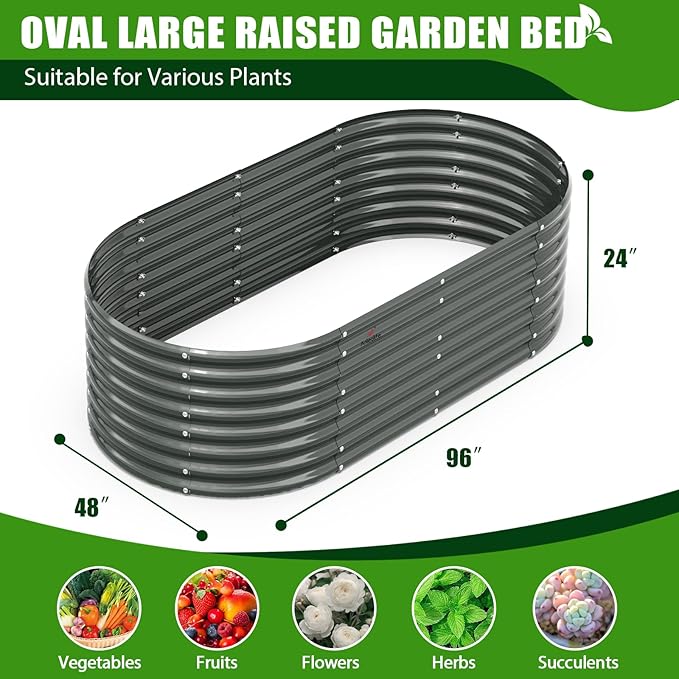 A ANLEOLIFE 8x4x2ft Galvanized Raised Garden Bed Kit, Oval Metal Deep Root Planters for Outdoor Plants Vegetables Flowers Herb, Large Bottomless, 478 Gallon Capacity- Quartz Grey-PurrikoPets