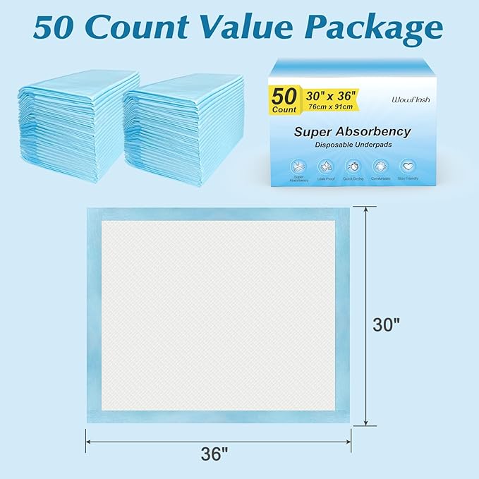 50 Count 30” x 36” Super Absorbency Disposable Underpads, Leakproof Quick Drying, Baby Puppy & Adults Bed Pads Disposable Adults, Dog Pee Pads Extra Large, XXL Incontinence Pads-PurrikoPets