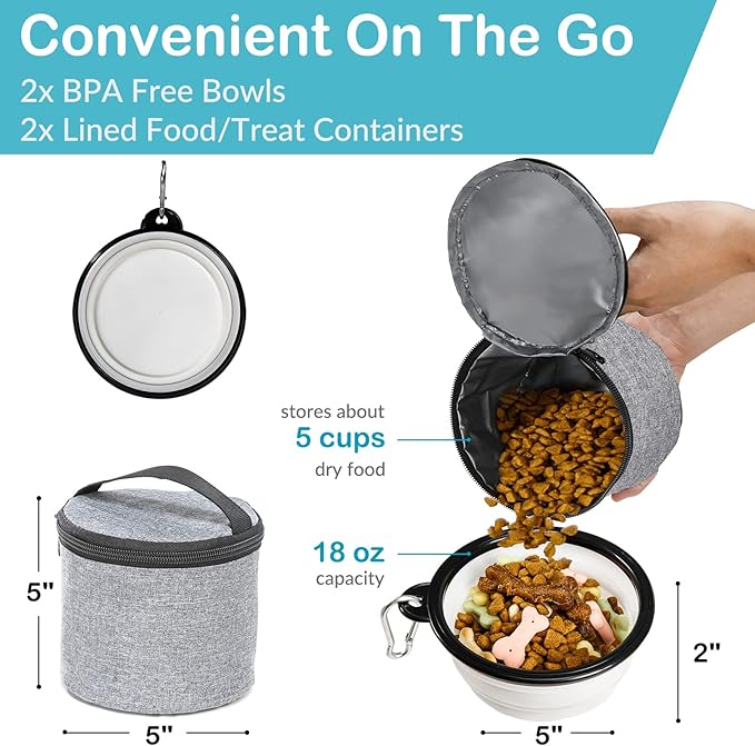 Dog Travel Bag with Treat Pouch, Airline Approved Dog Bags for Traveling, 2 Dog Food Travel Container, 2 Travel Bowls, Weekend Dog Travel Bag for Supplies, Dog Travel Kit Accessories-PurrikoPets