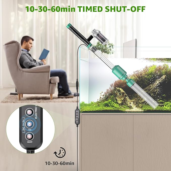 Electric Aquarium Vacuum Gravel Cleaner: 24W Fish Tank Vacuum Gravel Cleaner with Strong Suction for Automatic Water Change Algae Remover Sand Wash Water Shower and Water Circulation, Timed Off-PurrikoPets