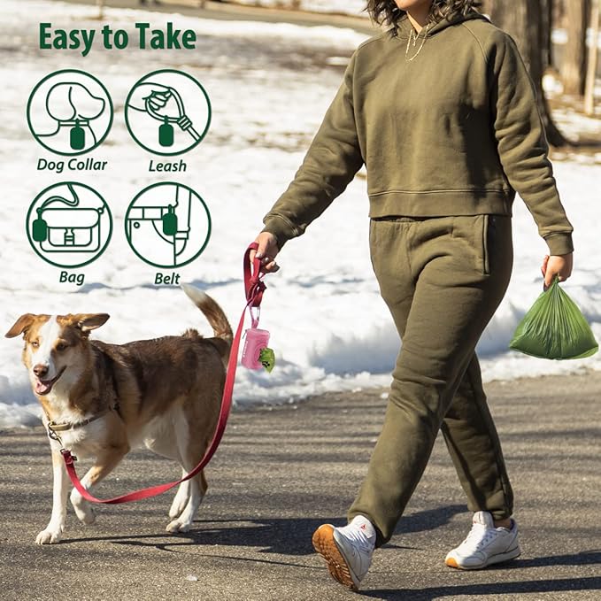 Dog Poop Bag Holder for Leash Doggie Waste Bag Dispenser Soft Fabric Puppy Potty Carrier Small Doggy Zipper Pouch with Carabiner Clip 1680D Nylon Oxford with 1 Roll of Pet Trash Bags, Pink-PurrikoPets