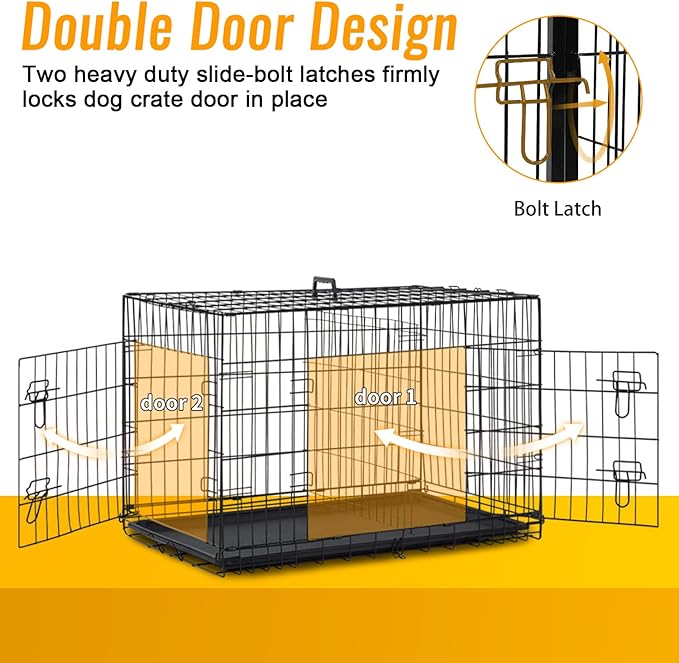 FDW Dog Crate for Medium Dogs 30 Inch Folding Metal WirePet Cage Double Door W/Divider Panel Indoor Outdoor Kennel Leak-Proof Plastic Tray,Black-PurrikoPets