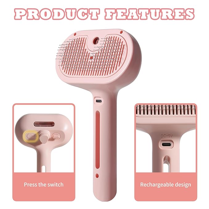 3-in-1 Steam Brush for Cats & Dogs – Hair Removal Comb with One-Click Release & Water Spray – Grooming Brush for Shedding, Long/Short Hair-PurrikoPets