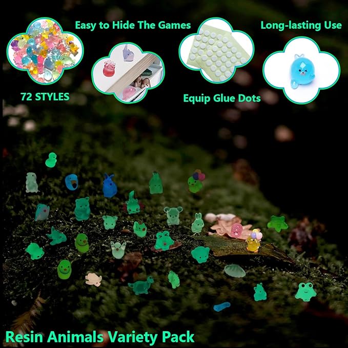 72 Types Luminous Mini Resin Animals, Plastic Tiny Resin Animals to Hide Prank,Mini Animals Figures for Fairy Garden, Dollhouse,Terrariums, Potted,Cake Topper, Miniature Landscape Ornament-PurrikoPets
