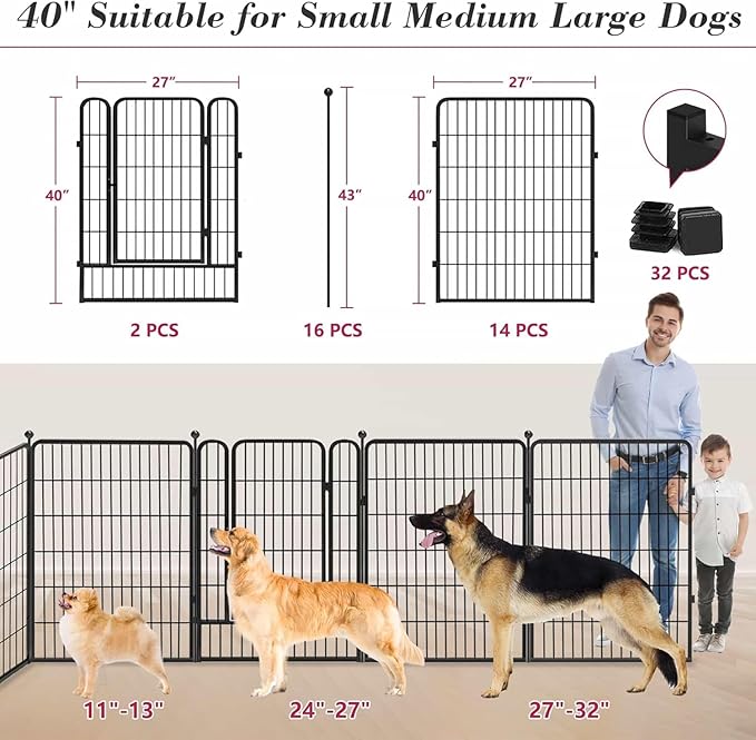 Dog Playpen Outdoor 40 inch 16 Panels Indoor Dog Pen for Large/Medium/Small Dogs Rustproof Metal Dog Fence Outdoor for Yard, Puppy Playpen with Door Portable Pet Fence for RV Camping Yard-PurrikoPets