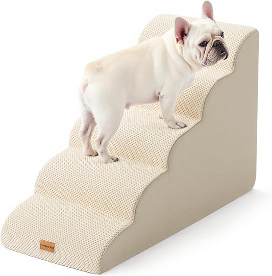 Gardner Pet Dog Stairs for Small Dogs 22.8" H, 5-Step Beige Curved Pet Stairs, Dog Steps for High Bed, Couch (24-30 in) with Durable Non-Slip Waterproof Fabric Cover and CertiPUR-US Certified Foam-PurrikoPets