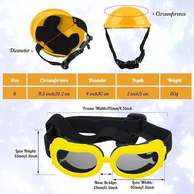 Frienda Dog Helmet and Goggles, UV Protection Doggy Sunglasses and 4 Inch Padded Puppy Motorcycle Helmet Adorable Dog Goggles with Adjustable Belt for Small Dogs Puppy Riding(Yellow,S)-PurrikoPets