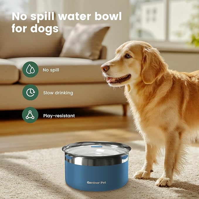 Gardner Pet Dog Bowls 1 Gallon (3.85L) Stainless Steel No Spill Dog Water Bowl, Slow Water Feeder Metal Bowls, Spill Proof Water Dispenser for Large Dogs, Promotes Healthy Hydration-PurrikoPets