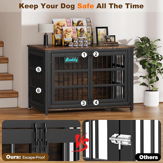 EasyCom 48"/42"/33" Dog Crate Furniture with Name Tag, Heavy Duty Dog Kennel Indoor for Large Dogs, Escape-Proof and Chew-Proof Dog Cage for high Anxiety Dog, Decorate House as TV Stand, End Table-PurrikoPets