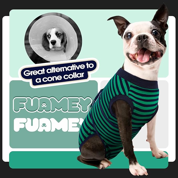 FUAMEY Recovery Suit for Dogs After Surgery,Soft Breathable Dog Bodysuit E-Collar & Cone Alternative Surgical Suit,Male Female Dog Neuter Spay Suits Anti Licking Wounds Onesie Green Black Stripes L-PurrikoPets