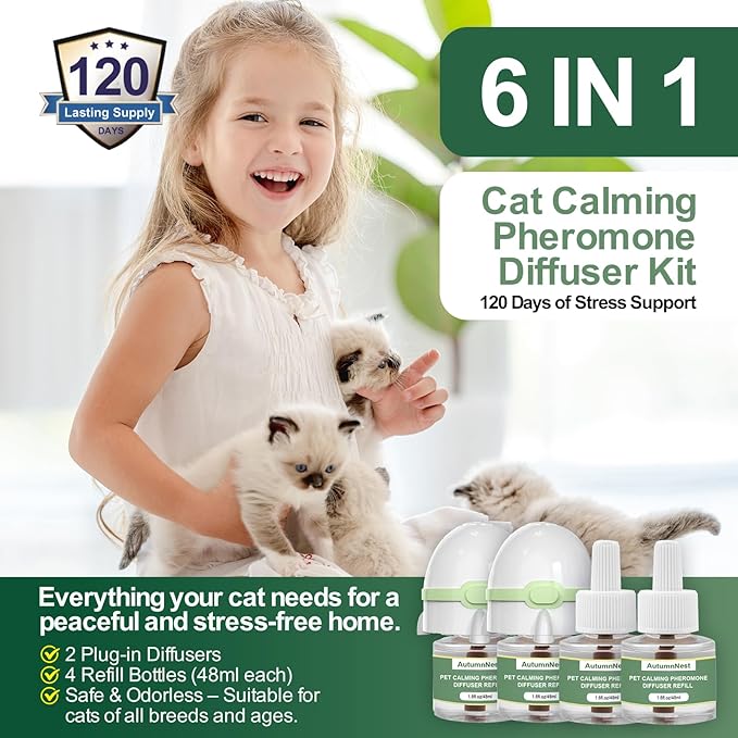 6-in-1 Cat Calming Pheromone Diffuser Kit, Cat Calming Diffuser for Anxiety Relief, Aggression, Scratching, Urine Marking, Fighting, Meowing, Hiding, Safe for All Cats, 120 Days Support-PurrikoPets