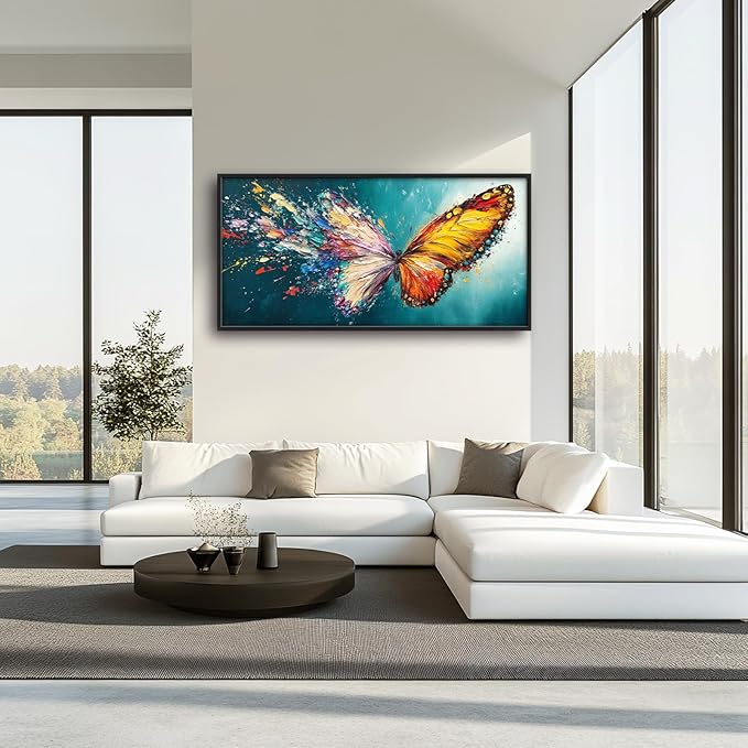 Extra Large Framed Abstract Butterfly Wall Art,Colorful Graffiti Wall Decor,Splashing Wings Pictures for Living Room,Canvas Print Painting Modern Artwork Bedroom Office Bathroom Home Decor 60L x30W-PurrikoPets