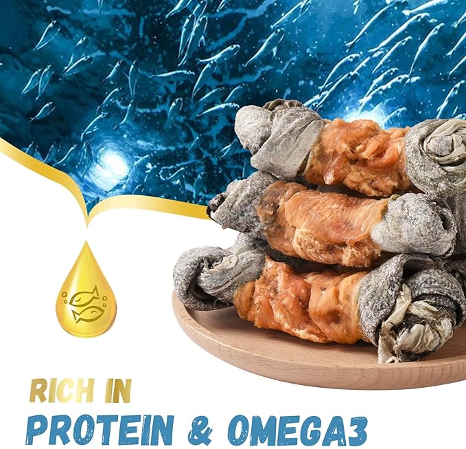 Dog Treats Chicken Wrapped Cod Skin Knotted Bones-6.5", All-Natural Healthy Fish Skin Dog Chew Treats, Rich in Omega-3 Protein, 4 Counts, 10.6 OZ-PurrikoPets
