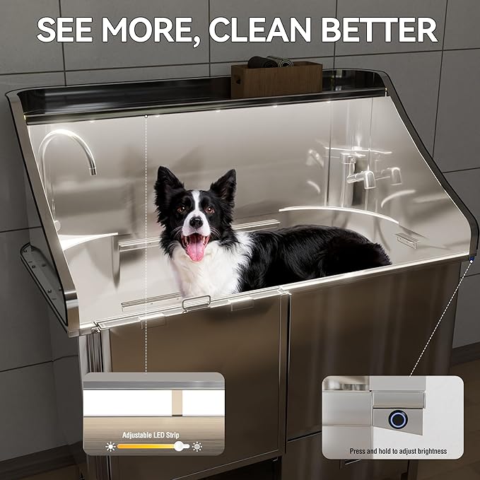 50'' Dog Washing Station - 304 Stainless Steel, LED Dog Bathing Station with Ramp, 2 Drawer, Floor Grate & Lick Pad for Large, Medium & Small Dogs-PurrikoPets
