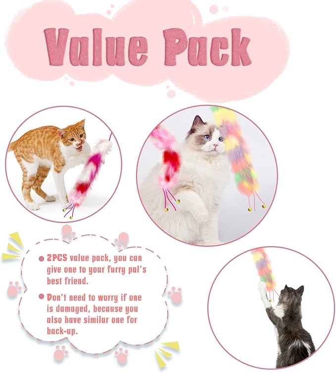 2 Pack Cat Wand Toy, Rainbow Cat Feather Toys with Bells, Teaser Wand with Soft Furry Tail, Interactive Toys for Indoor Cats & Kitten & Kitty-PurrikoPets