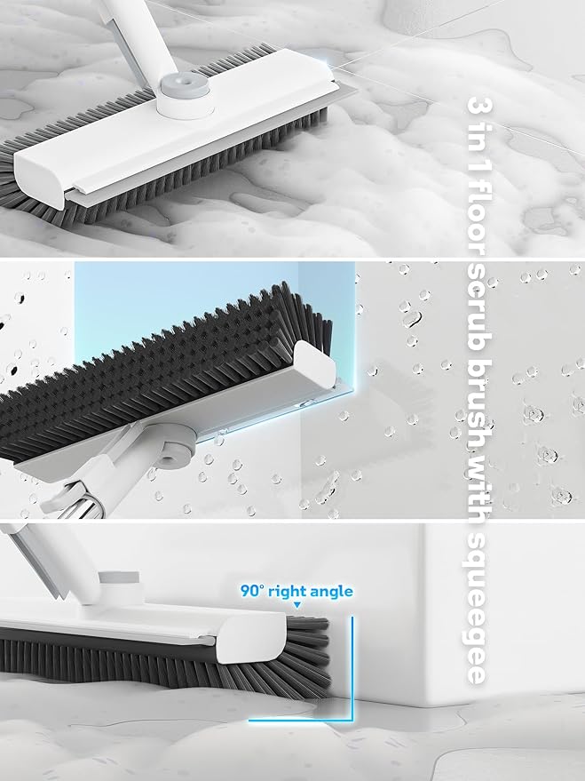 Floor Scrub Brush with Long Handle, 3 in 1 Scrape and Heavy-Duty Stiff Bristle Floor Scrubber Brush with Squeegee and Tweezer for Cleaning Tile Wall Deck Bathroom Patio Garage Kitchen (White)-PurrikoPets