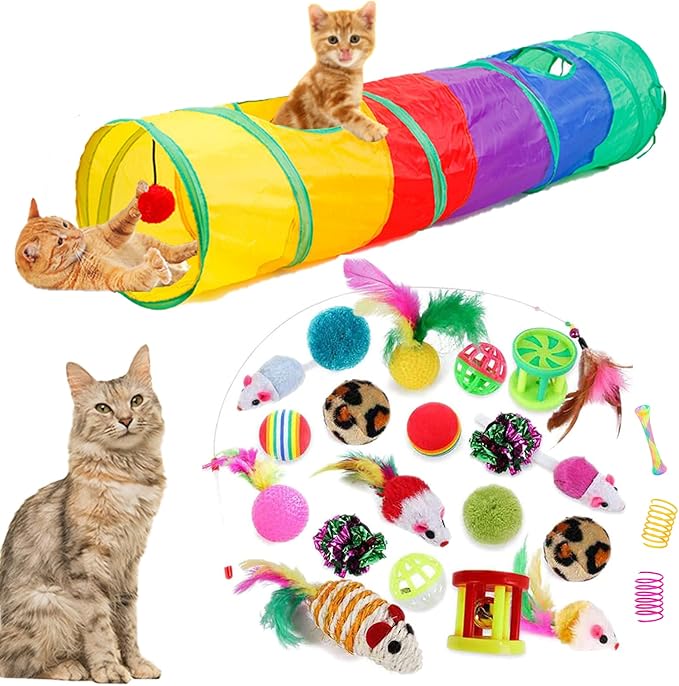 32Pcs Cat Toys Kitten Interactive Pet Toys Assortments, Foldable Rainbow Tunnel, Cat Feather Teaser Wand Interactive Feather Toy Fluffy Mouse Crinkle Balls Bell Play for Cat Puppy Kitty Kitten(2 way)-PurrikoPets
