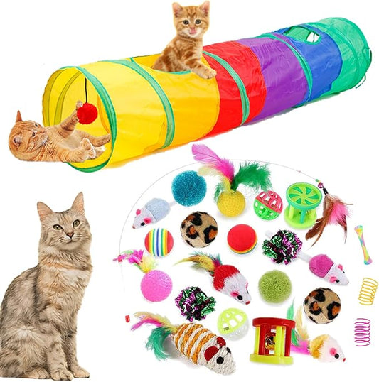 32Pcs Cat Toys Kitten Interactive Pet Toys Assortments, Foldable Rainbow Tunnel, Cat Feather Teaser Wand Interactive Feather Toy Fluffy Mouse Crinkle Balls Bell Play for Cat Puppy Kitty Kitten(2 way)-PurrikoPets