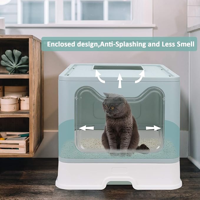 Foldable Cat Litter Box with Lid, Enclosed Potty, Large Top Entry Anti-Splashing Toilet, Easy to Clean Including Litter Scoop and 2-in-1 Cleaning Brush (Blue)-PurrikoPets